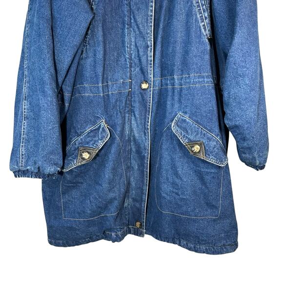 Vintage 80s Andy Johns Longline Denim Hooded Coat Jacket Utility Pockets Blue - Picture 6 of 15